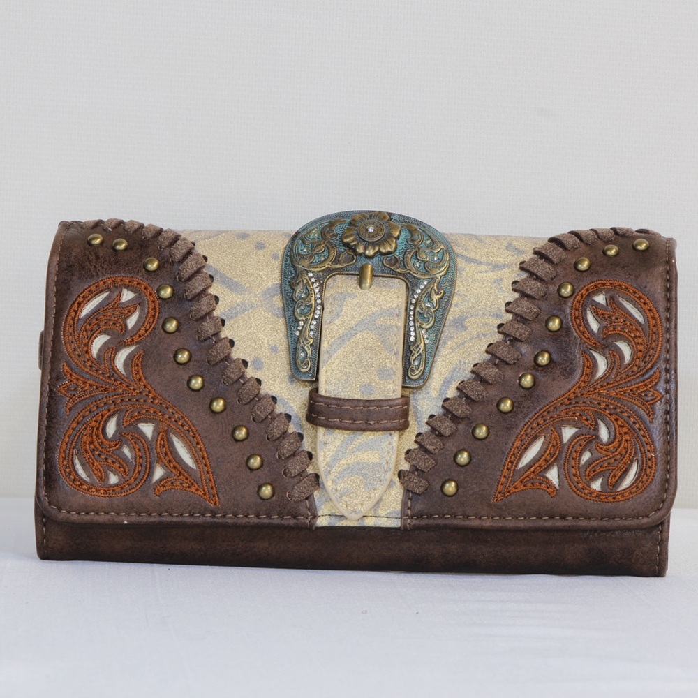 Montana West Bown Cut-out Western Floral Buckle Wristlet Wallet NWT